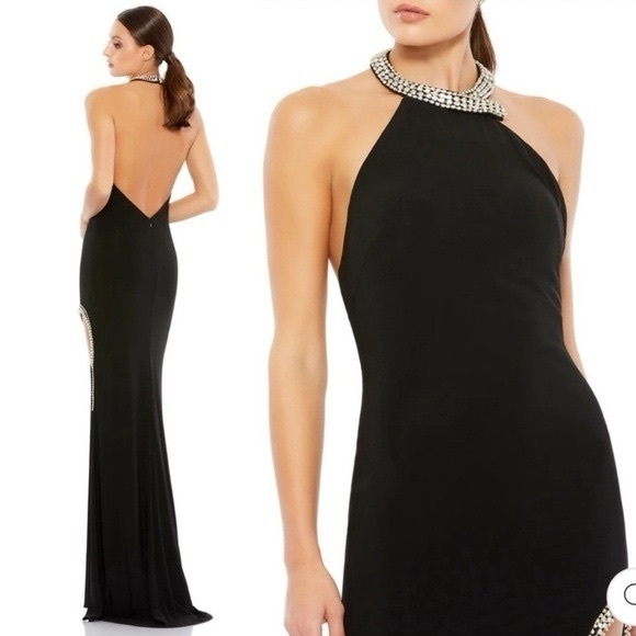 Mac Duggal Dresses & Skirts - Mac Duggal Black Halter Gown with High Slit & Rhinestone Accents – Size 6 (NWT)